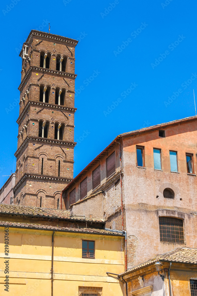 View on the bell tower of the Basilica of Santa Maria in Rome, Italy on a sunny day.