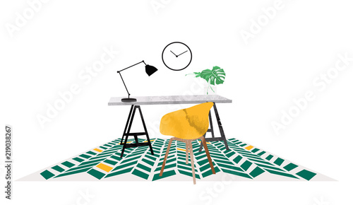vector interior design watercolor illustration. office study picture. chair, desk and lamp. cute drawing. furniture. 