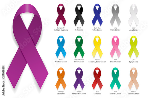 Cancer Ribbon. Vector realistic 3d awareness ribbon different color set closeup isolated on white background. International Day of cancer, World Cancer Day. Design template for graphics