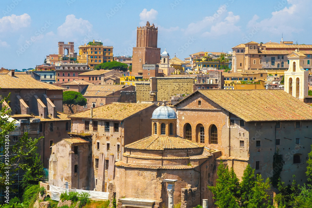 Landscape view of the historic buildings of Rome, Italy on a sunny day.