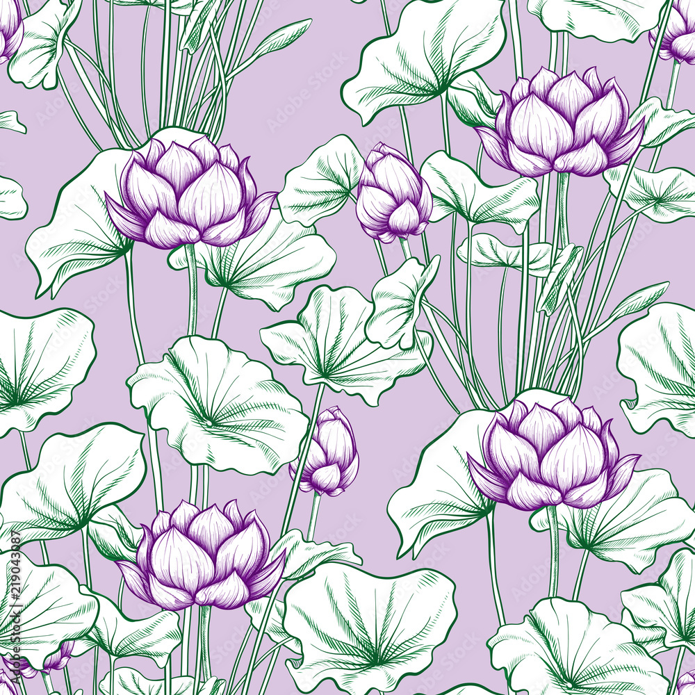 Seamless pattern, background with lotus flower. Botanical illust