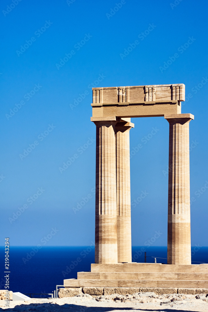 Columns ancient temple in the city of Lindos on Rhodes Island.