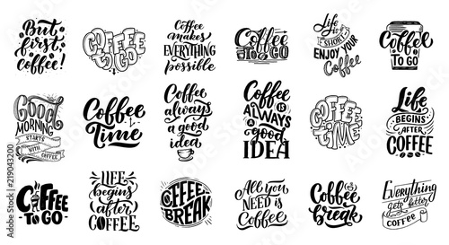 Set of Hand lettering quotes with sketches for coffee shop or cafe. Hand drawn vintage typography collection isolated on white background