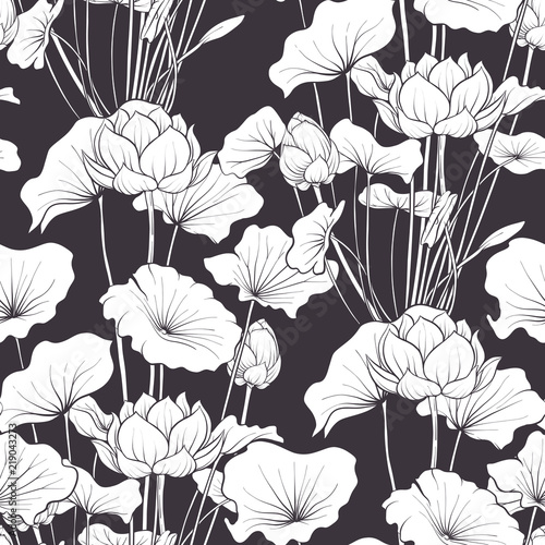 Seamless pattern, background with lotus flower. Botanical illust