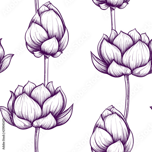 Seamless pattern, background with lotus flower. Botanical illust