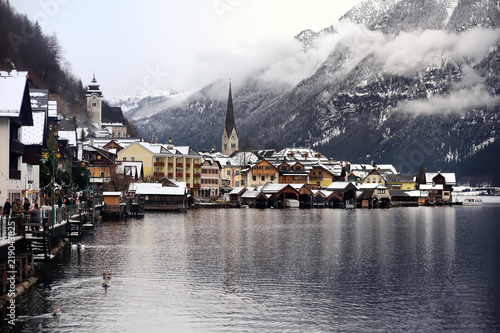 Winter scenic view of village of Hallstatt in the Austrian Alps © Maria Sbytova