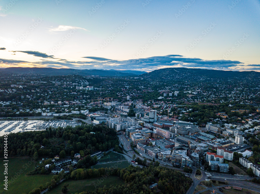 Sunset aerial view on Central Oslo and Skoyen area in Oslo, Norway