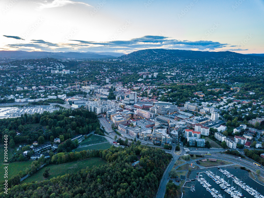 Sunset aerial view on Central Oslo and Skoyen area in Oslo, Norway