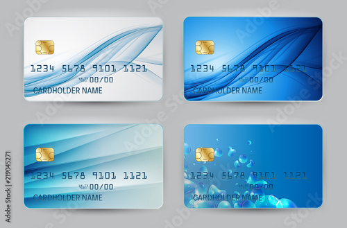 Silver Blue Wave Bank Card blank model template top view with shadow isolated on transparent backgroundcollection set. Vector Illustration