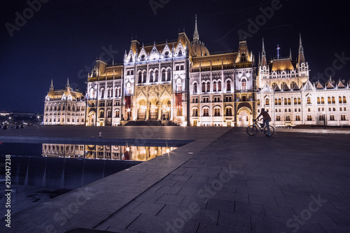 Budapest Parliament reflecting on the water at night