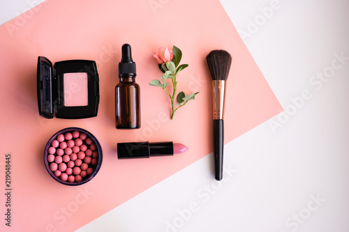 Makeup cosmetic products color background flat lay top view.woman beauty fashion decorative.