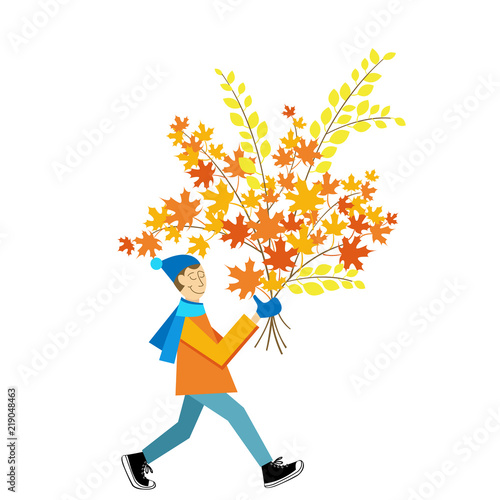 A man carrying a autumn leaves bouquet. 
