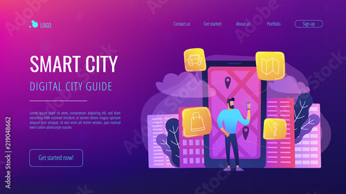 A man near huge LCD screen with city map and gps tags on the screen getting information about the city. Smart city and digital city guide landing page. Vector illustration on ultraviolet background.