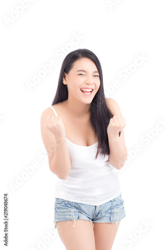 Portrait of beautiful asian woman makeup of cosmetic, beauty of girl with face smile and gesture glad attractive isolated on white background, success perfect with wellness and healthcare concept. © N_studio