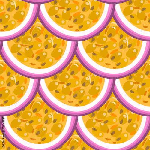 Seamless pattern with tropical fruits. Healthy dessert. Fruity background. Passion fruit. Exotic food. Wrapping, print on clothes, wallpaper, summer banner. Vector illustration, eps10