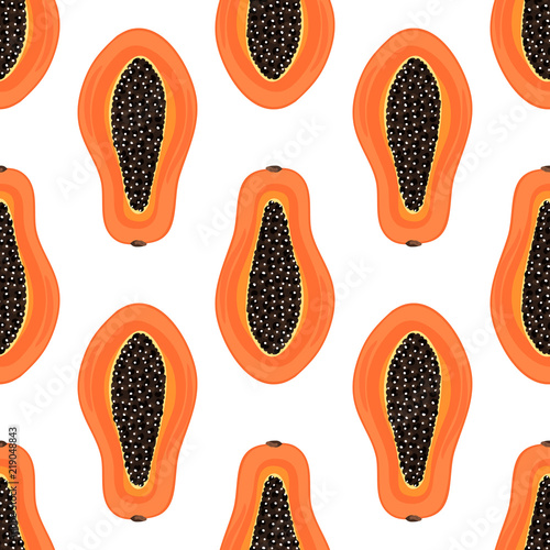 Seamless pattern with tropical fruits. Healthy dessert. Fruity background. Carica papaya. Exotic food. Wrapping paper, print on clothes, wallpaper, summer banner. Vector illustration, eps10