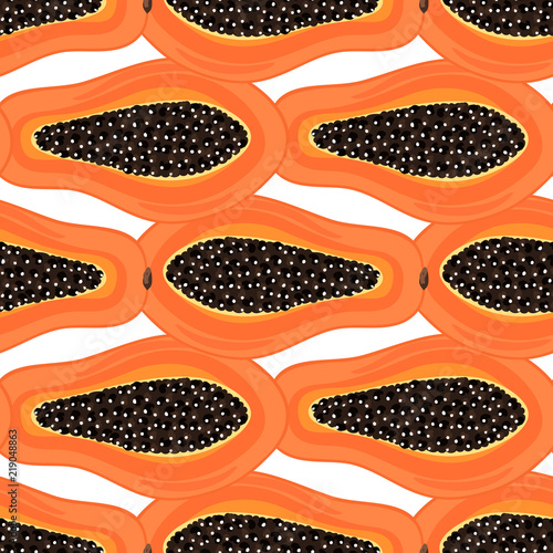 Seamless pattern with tropical fruits. Healthy dessert. Fruity background. Carica papaya. Exotic food. Wrapping paper, print on clothes, wallpaper, summer banner. Vector illustration, eps10