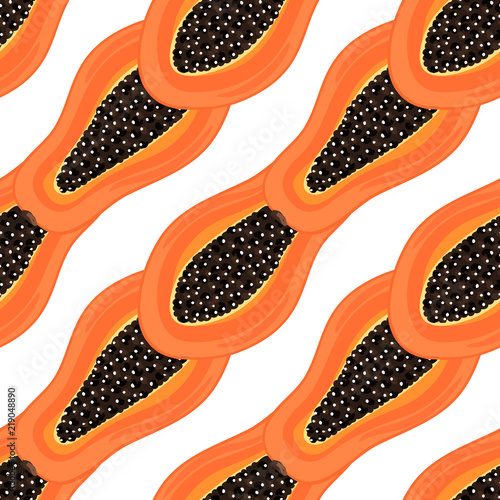 Seamless pattern with tropical fruits. Healthy dessert. Fruity background. Carica papaya. Exotic food. Wrapping paper, print on clothes, wallpaper, summer banner. Vector illustration, eps10