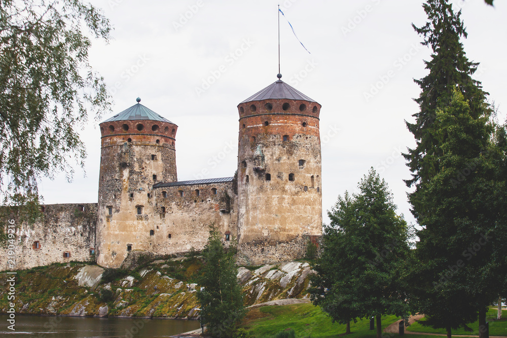 View of Olavinlinna, Olofsborg, a 15th-century three-tower castle located in Savonlinna, Southern Savonia, Finland.