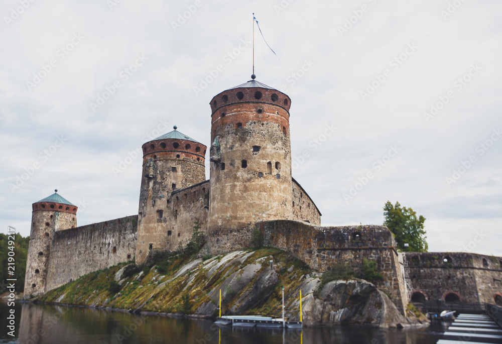 View of Olavinlinna, Olofsborg, a 15th-century three-tower castle located in Savonlinna, Southern Savonia, Finland.