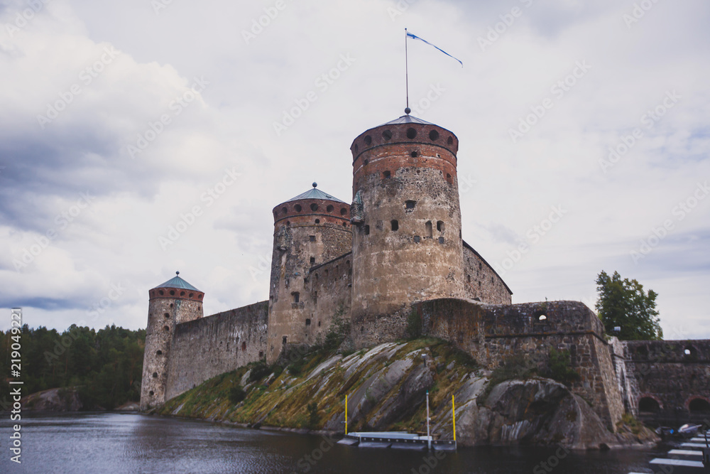 View of Olavinlinna, Olofsborg, a 15th-century three-tower castle located in Savonlinna, Southern Savonia, Finland.