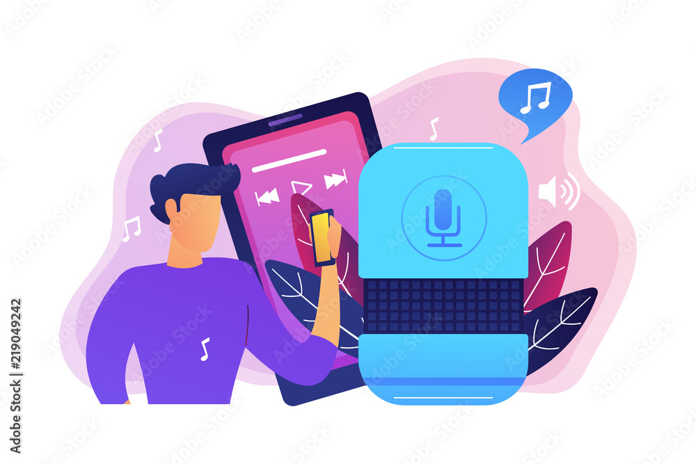 User playing music on smart speaker and mobile phone. Music playback and streaming, voice activated digital assistants for mobile applications concept, violet palette. Vector isolated illustration.