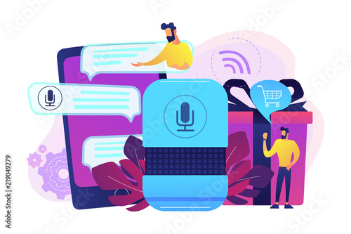 Customer shopping online, ordering goods and delivery with smart speaker. Voice activated digital assistants, voice controlled online shopping concept, violet palette. Vector isolated illustration.