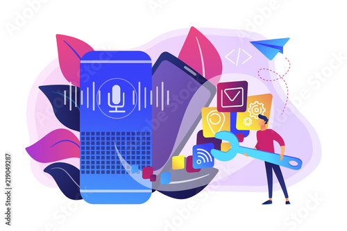 Smart speaker with apps icons and developer with wrench. Smart assistant applications, voice application platform, voice assistant development concept, violet palette. Vector isolated illustration.
