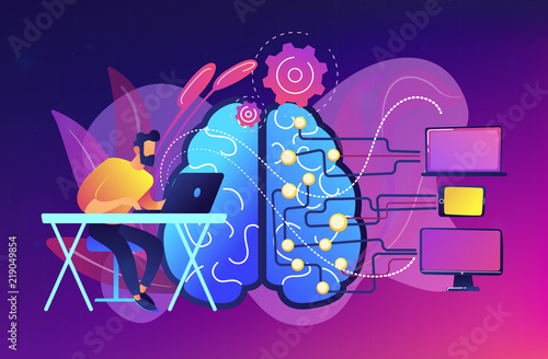 Brain with digital circuit and programmer with laptop. Machine learning, artificial intelligence, digital brain and artificial thinking process concept, violet palette. Vector isolated illustration.