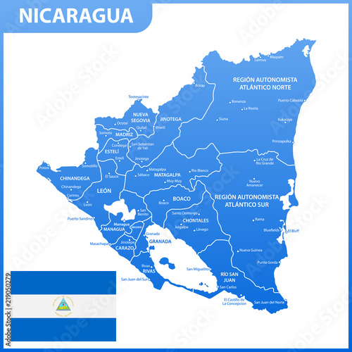 The detailed map of Nicaragua with regions or states and cities, capital. Administrative division.