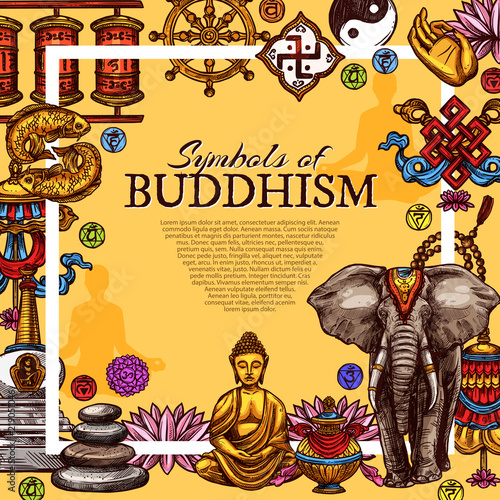 Buddhism religion symbols vector poster