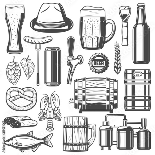 Beer brewing and snacks vector icons
