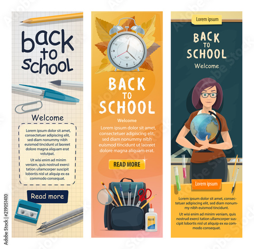 School teacher at class blackboard banners