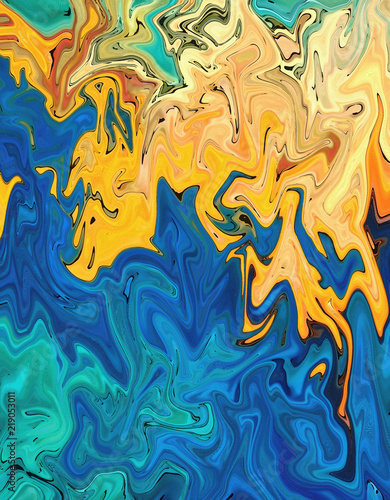 Abstract crazy swirl background. Liquid paint texture in expressionism style. Marble creative backdrop. Graphic fantasy modern fluid drawing. Marbled design with vortex elements. Bright warm colors. 