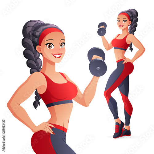Athletic woman exercising with dumbbell. Isolated vector illustration.