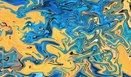 Abstract crazy swirl background. Liquid paint texture in expressionism style. Marble creative backdrop. Graphic fantasy modern fluid drawing. Marbled design with vortex elements. Bright warm colors. 