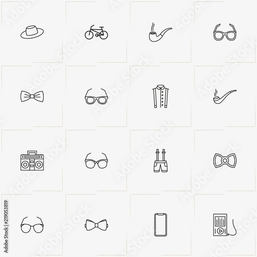 Hipster line icon set with hat, shirt and cassette player