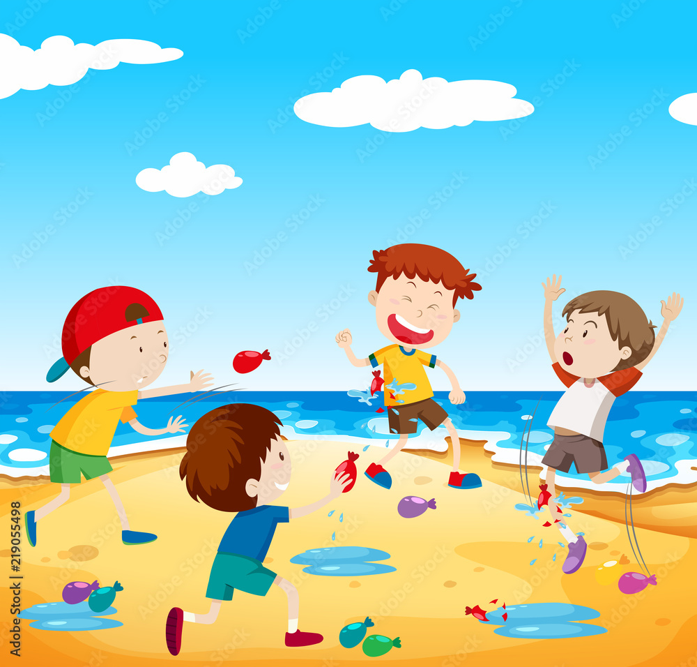 Happy children play balloon fight at the beach Happy children play balloon fight at the beach