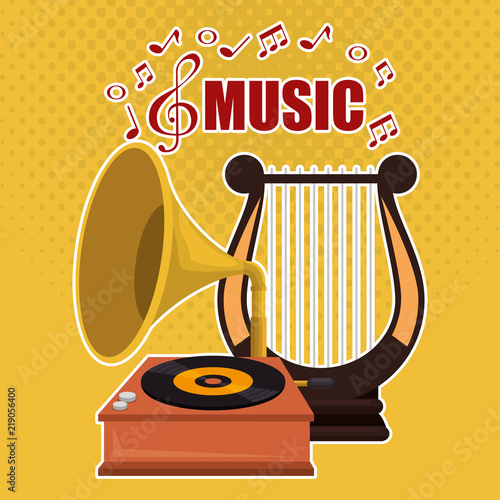 harp music with gramophone vector illustration design