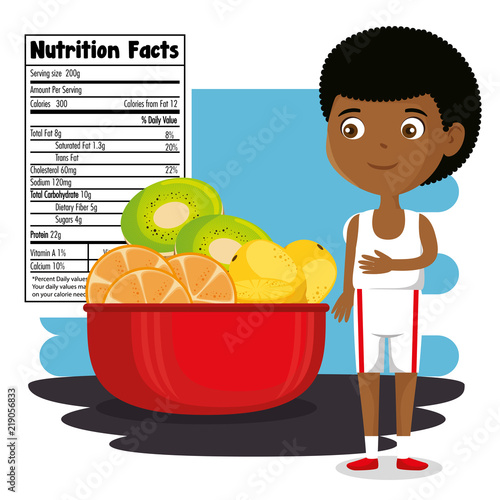 happy boy with nutrition facts vector illustration design