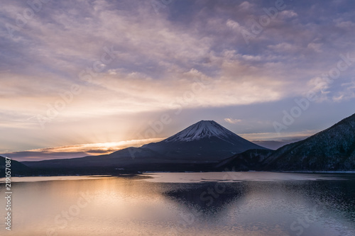 Lake Motosu and Mount Fuji at early morning in winter season. Lake Motosu is the westernmost of the Fuji Five Lakes and located in southern Yamanashi Prefecture near Mount Fuji  Japan