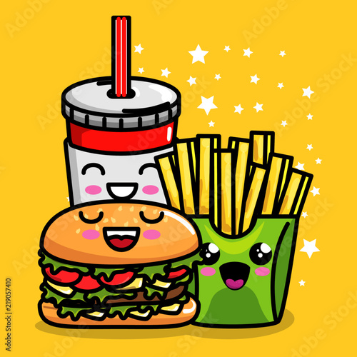 burger and french fries with soda kawaii character