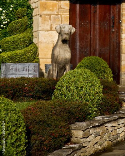 Vászonkép Stone gaurd dog statue in the garden is of an English cottage