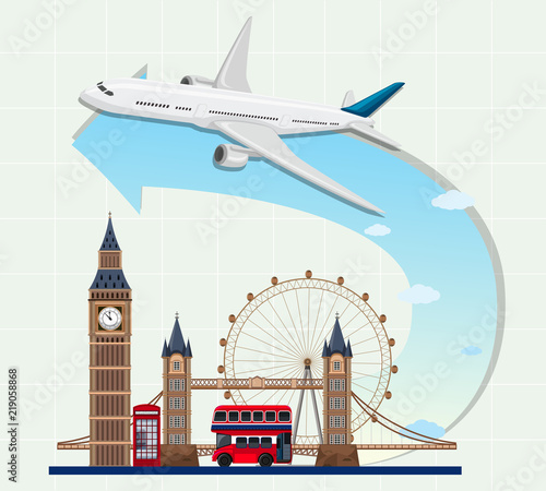 England landmarks with airplane