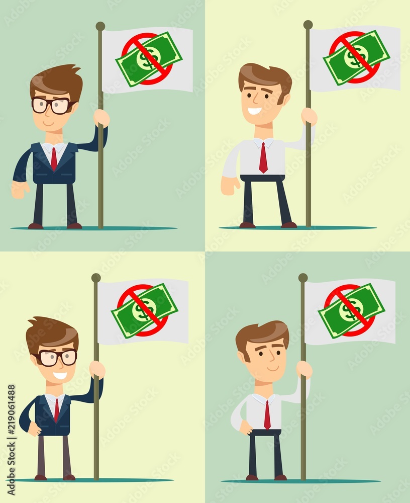 Businessman holding in hand flag with ban of money. Set. Vector, illustration, flat Businessman holding in hand flag with ban of money. Set. Vector, illustration, flat