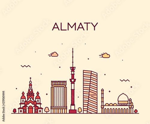 Almaty skyline city Kazakhstan vector linear style
