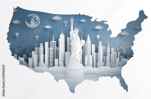 New York City with Liberty statue and United states of America's map in paper cut art style vector illustration. Travel poster, postcard and advertising.