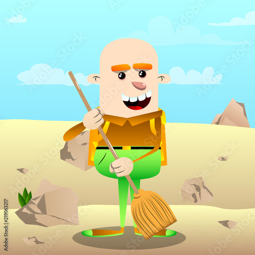Schoolboy holding a broom. Vector cartoon character illustration.