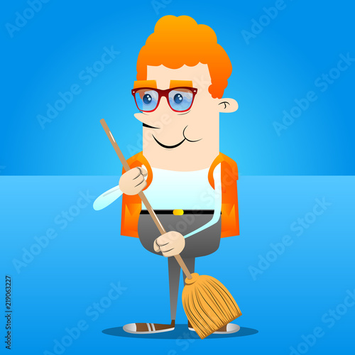 Schoolboy holding a broom. Vector cartoon character illustration.