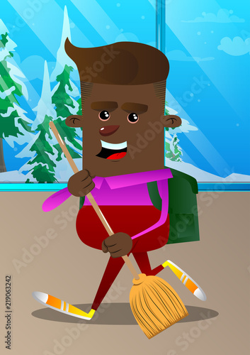 Schoolboy holding a broom. Vector cartoon character illustration.